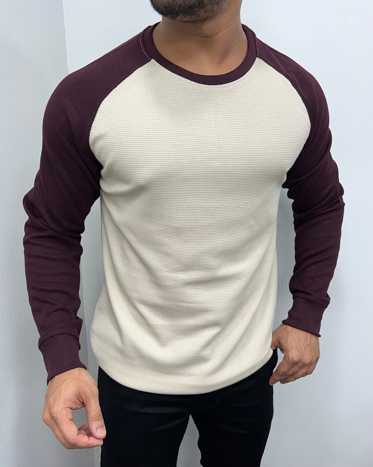 Beige & Maroon Raglan T-Shirt