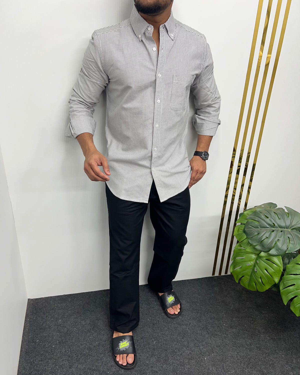 Gray Cotton Oxford Striped Shirt