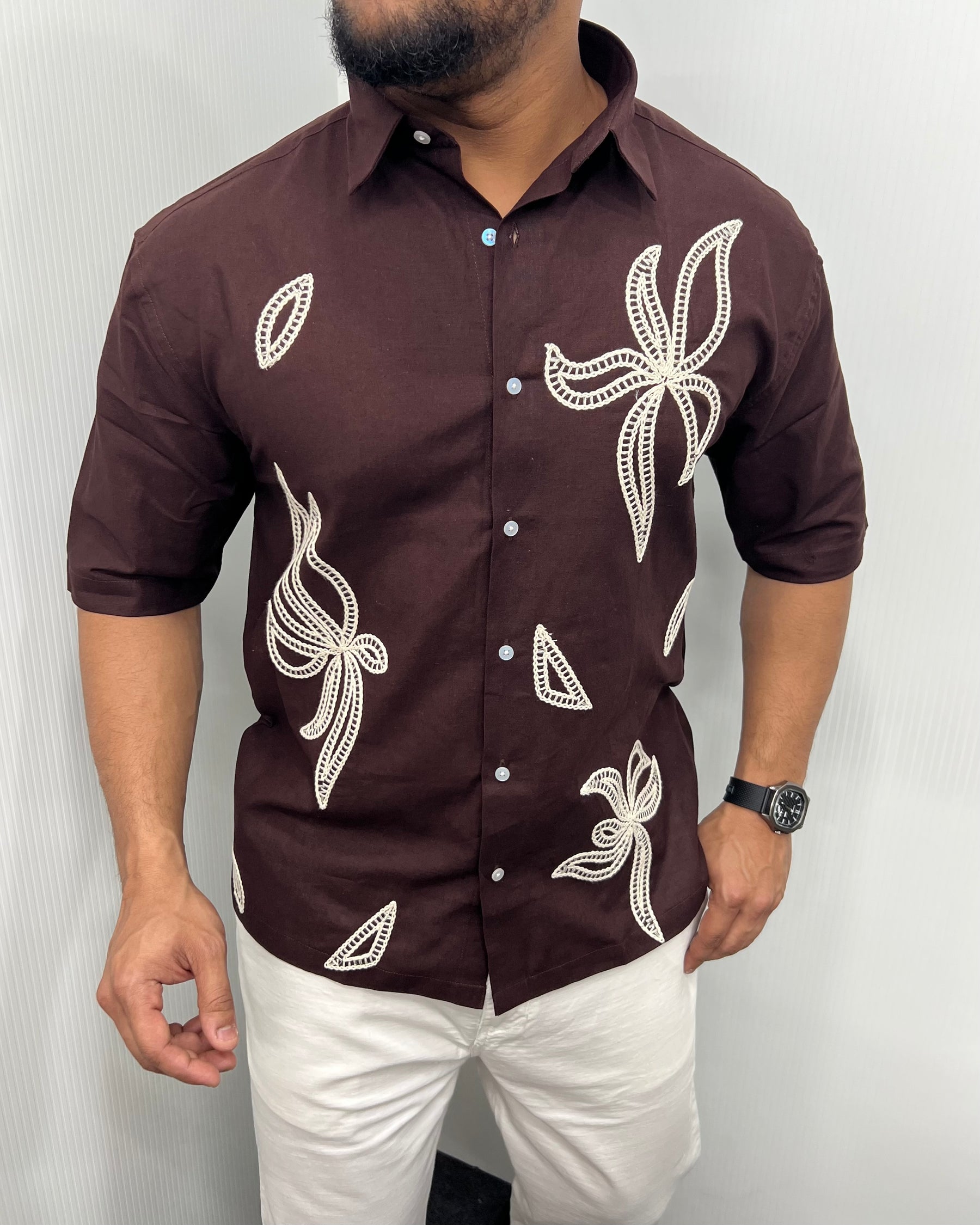 Embroidery Cotton Linen Half Shirt