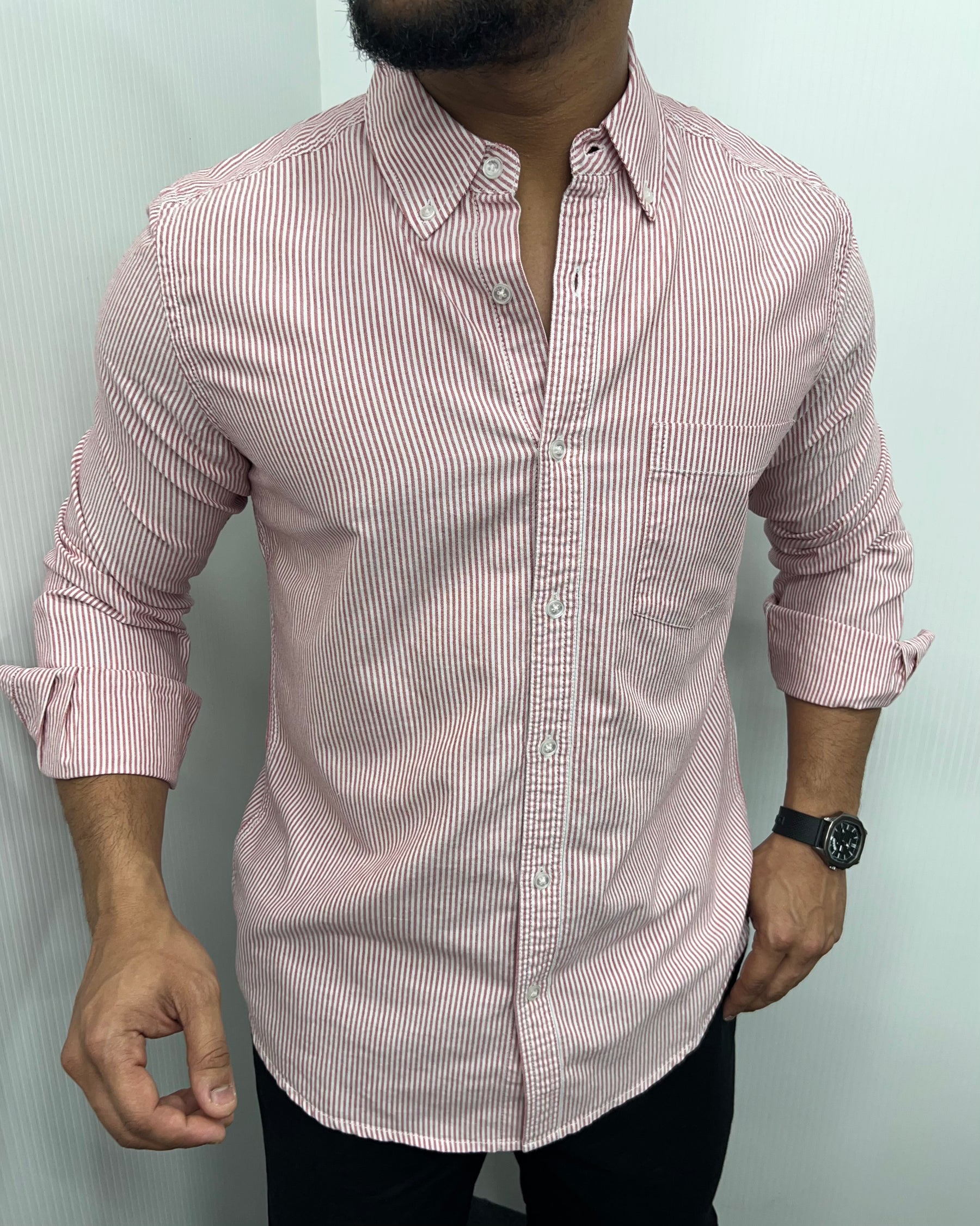 Dark Pink Cotton Oxford Striped Shirt