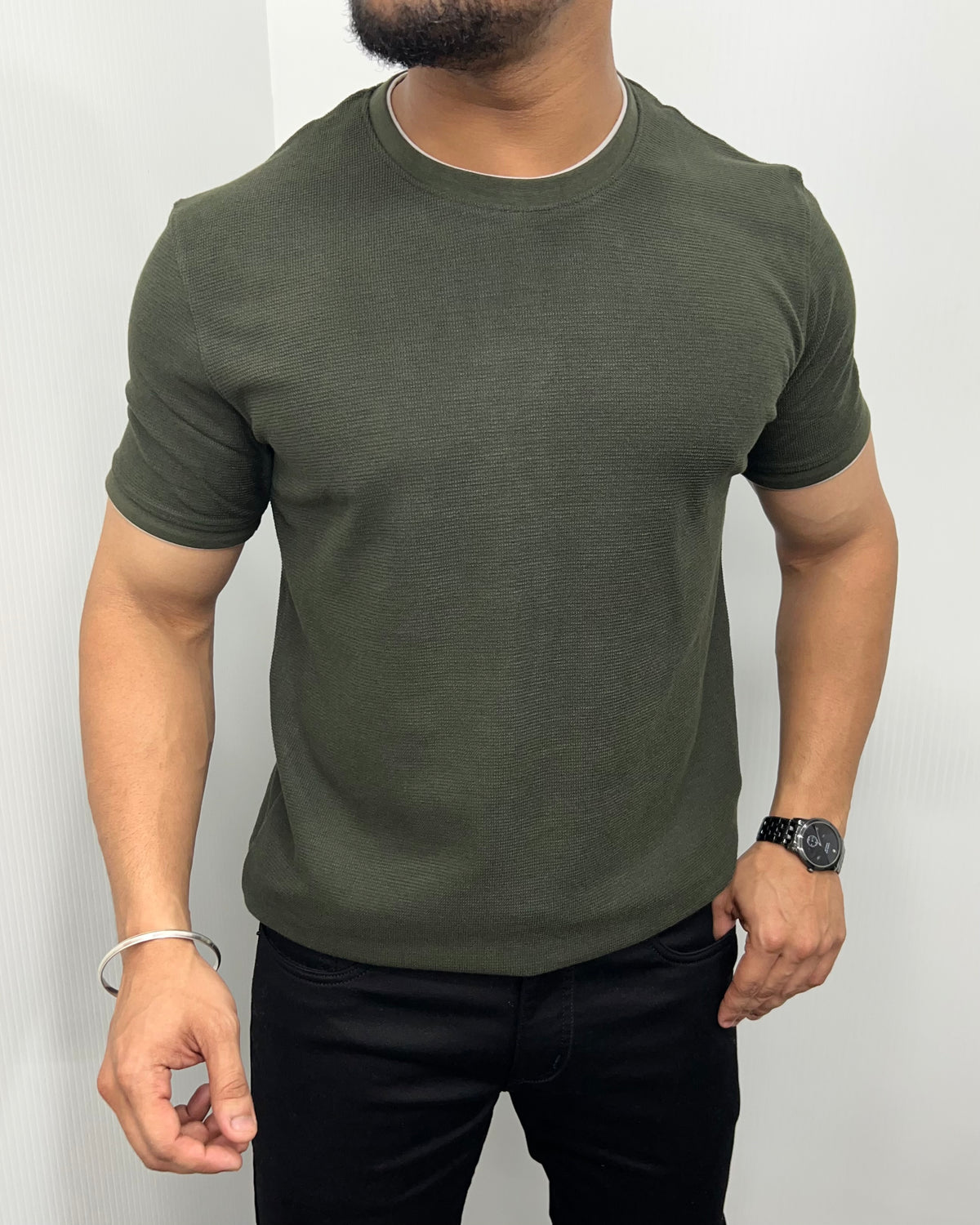 Green Plain Half Sleeve Knit T-Shirt