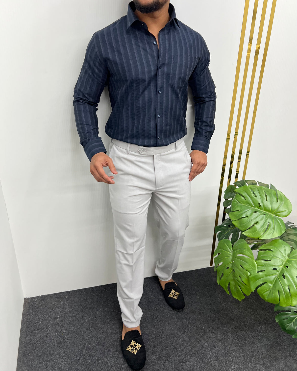 Blue Self Jacquard Striped Premium Giza Cotton Shirt