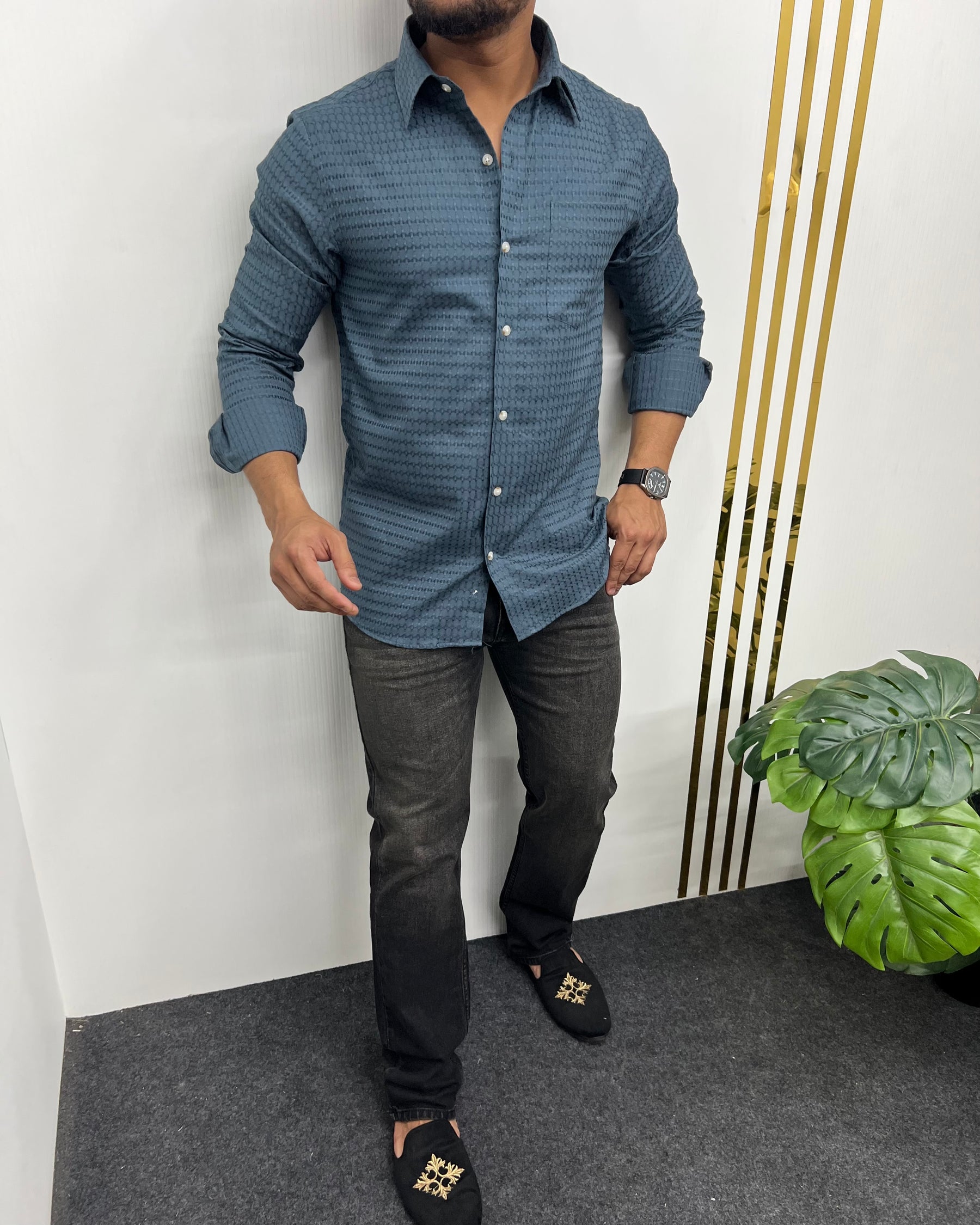 Classic Blue Self Embroidery Shirt