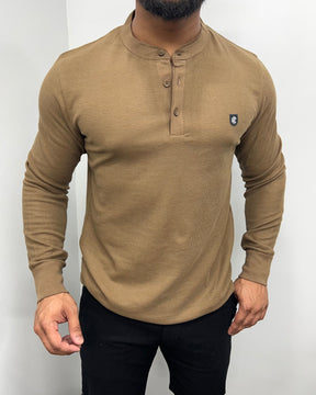 Brown Premium Cotton Waffle Henley Neck Full Sleeve T-Shirt