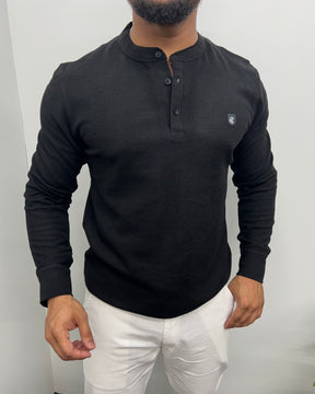 Black Premium Cotton Waffle Henley Neck Full Sleeve T-Shirt