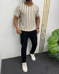 Beige Imported Vertical Striped Round Neck T-Shirt