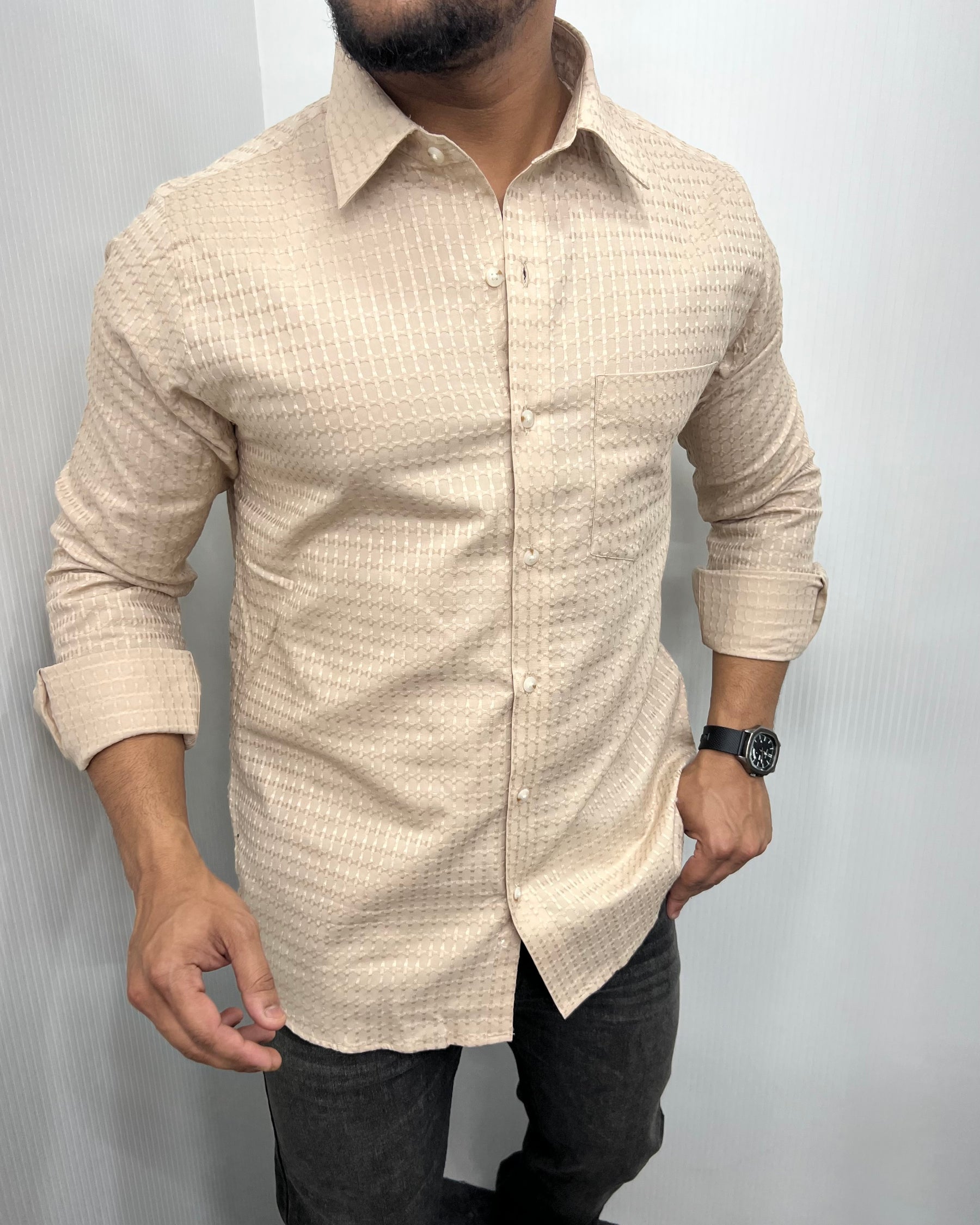Cream Self Embroidery Shirt