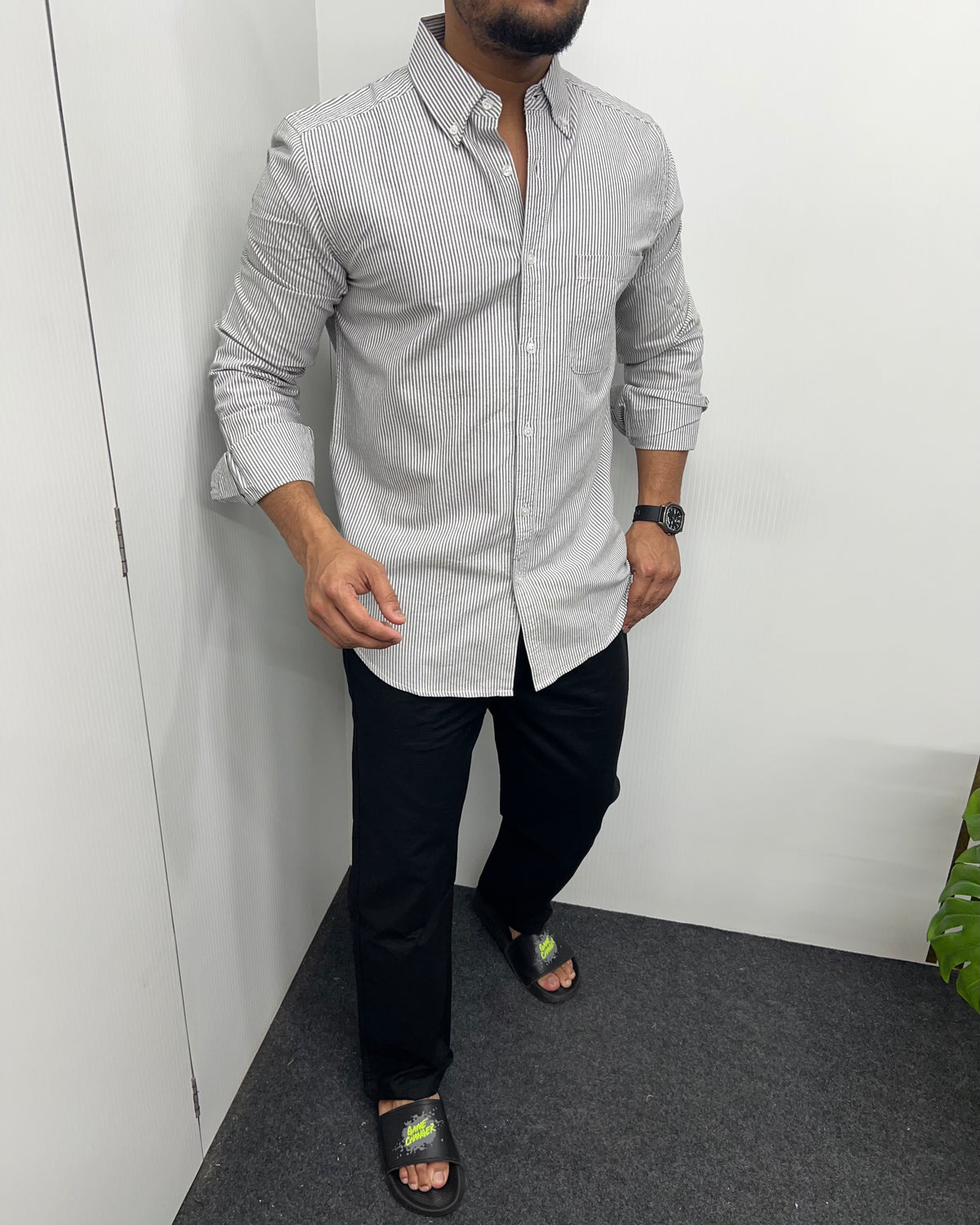 Gray Cotton Oxford Striped Shirt
