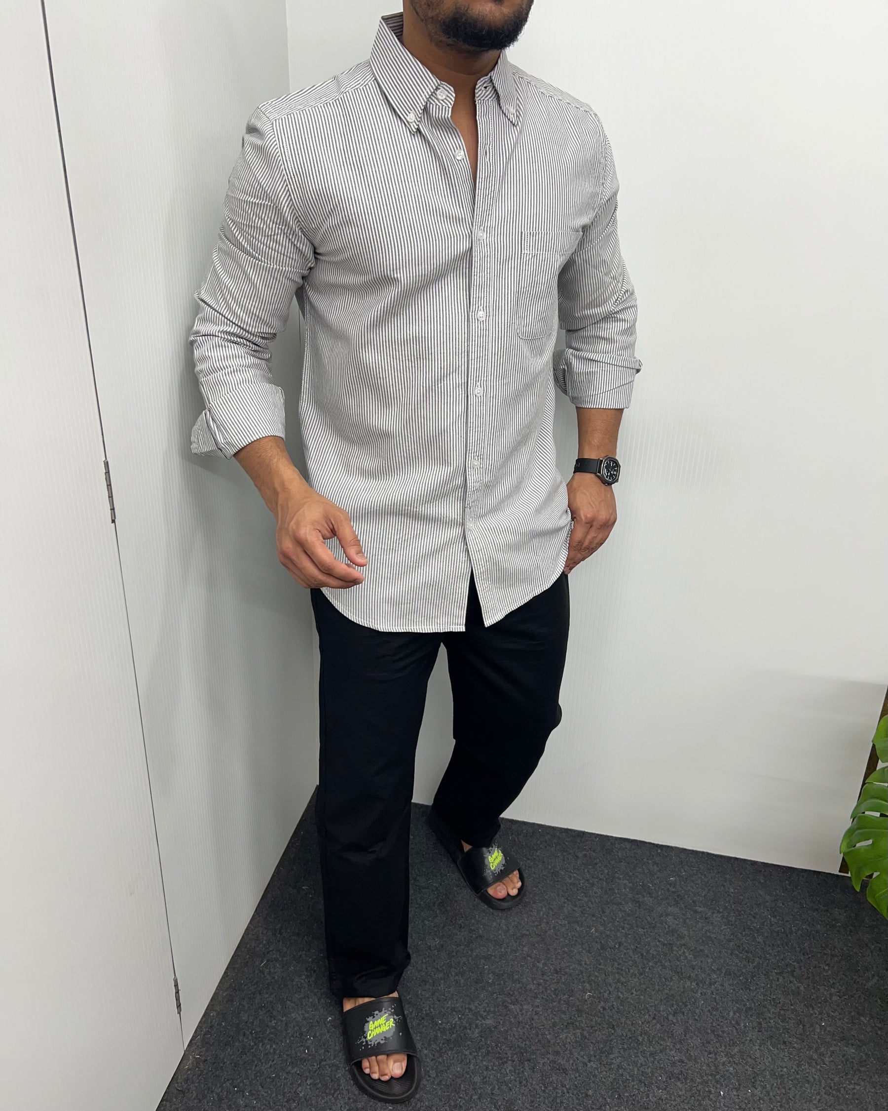 Gray Cotton Oxford Striped Shirt