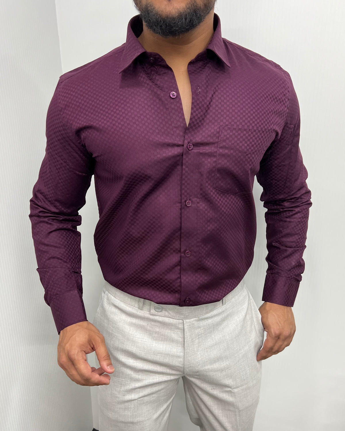 Wine Cotton Self Checks Shirt