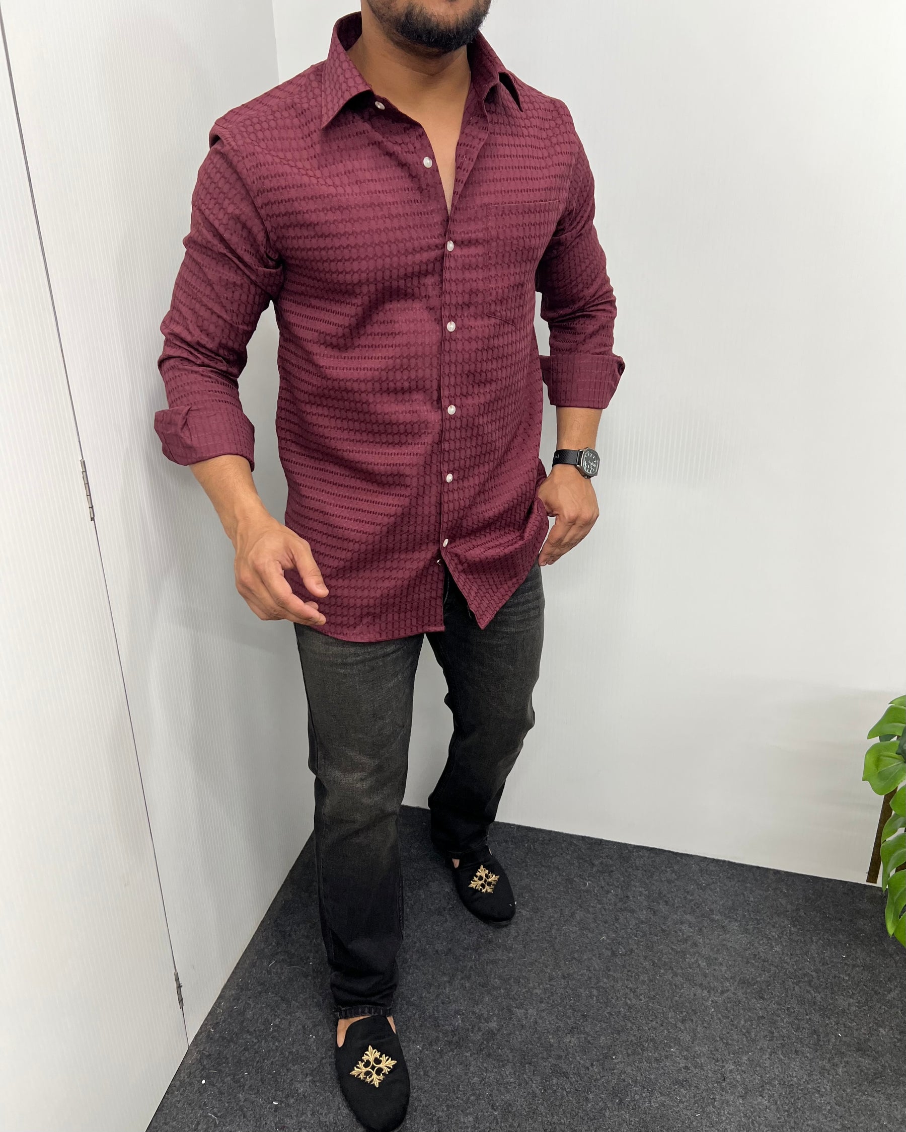 Maroon Self Embroidery Shirt