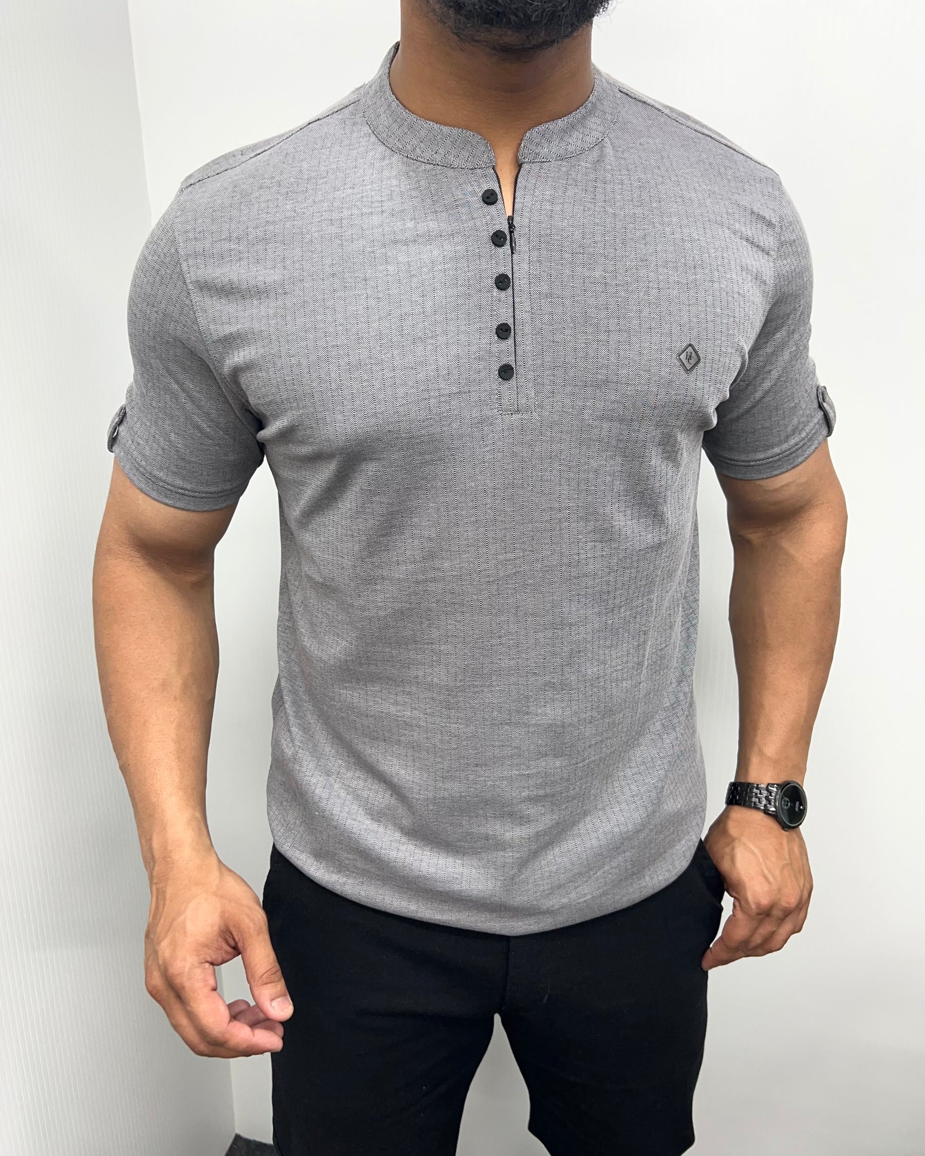 Dark Gray Imported Self Striped Round Neck T-Shirt