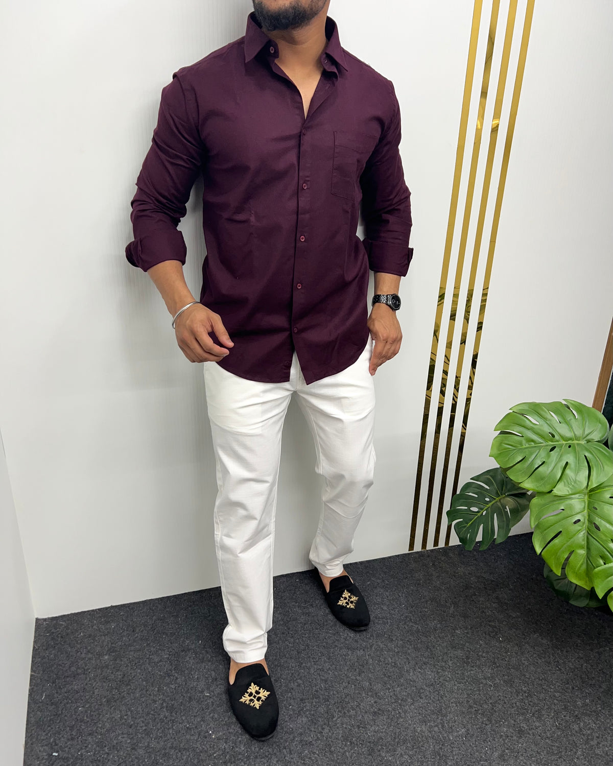 Wine Business Class Oxford Lycra Formal Shirt