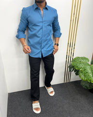 Pastel Blue Pure Cotton Linen Premium Full Sleeve Shirt