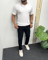 White Cotton Knit Self Striped Round Neck T-Shirt