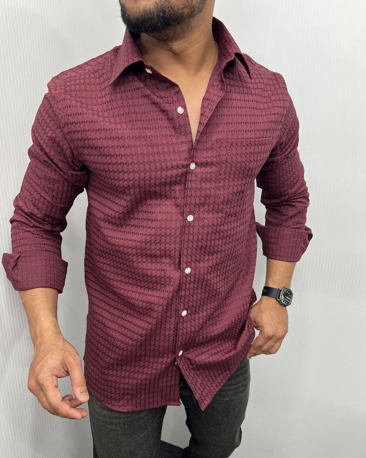 Maroon Self Embroidery Shirt