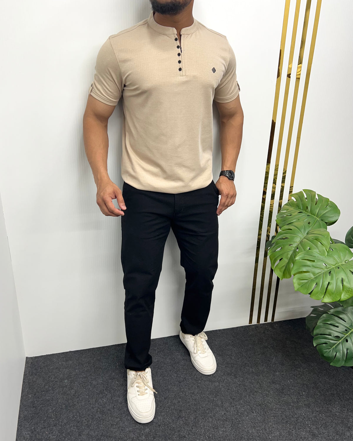 Beige Imported Self Striped Round Neck T-Shirt