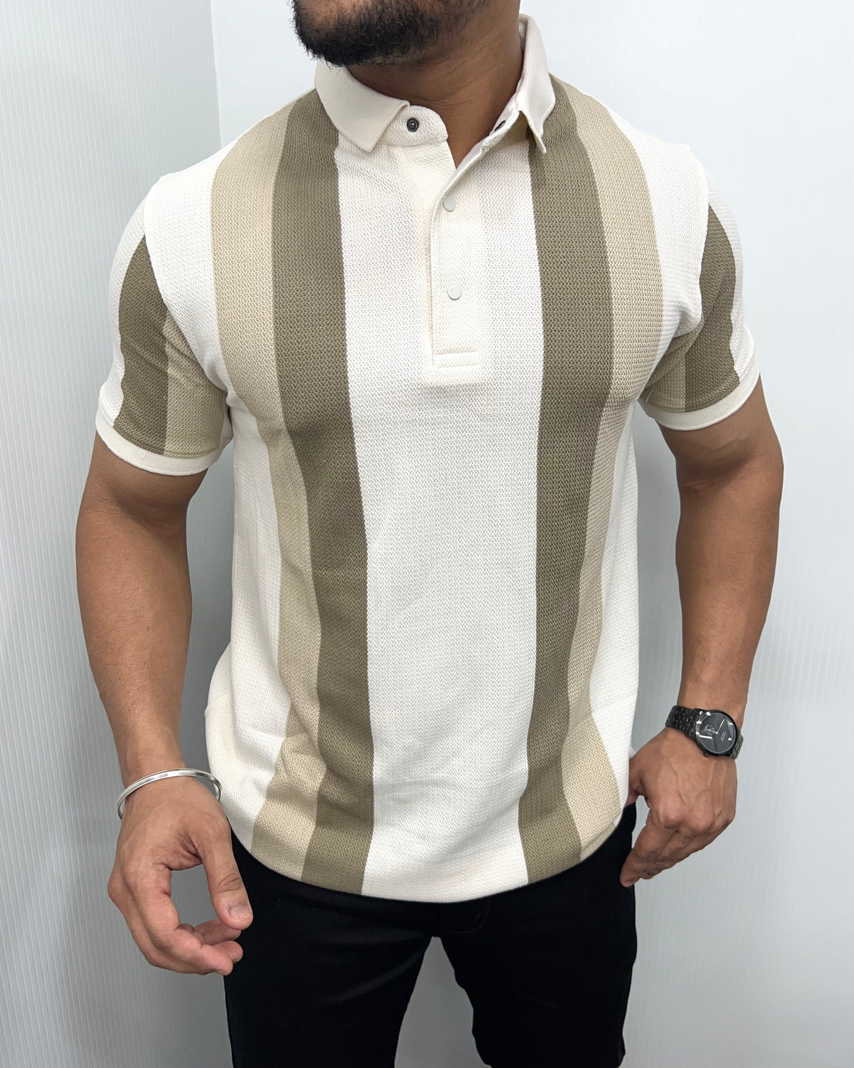 Cream Matty Structure Striped T-Shirt