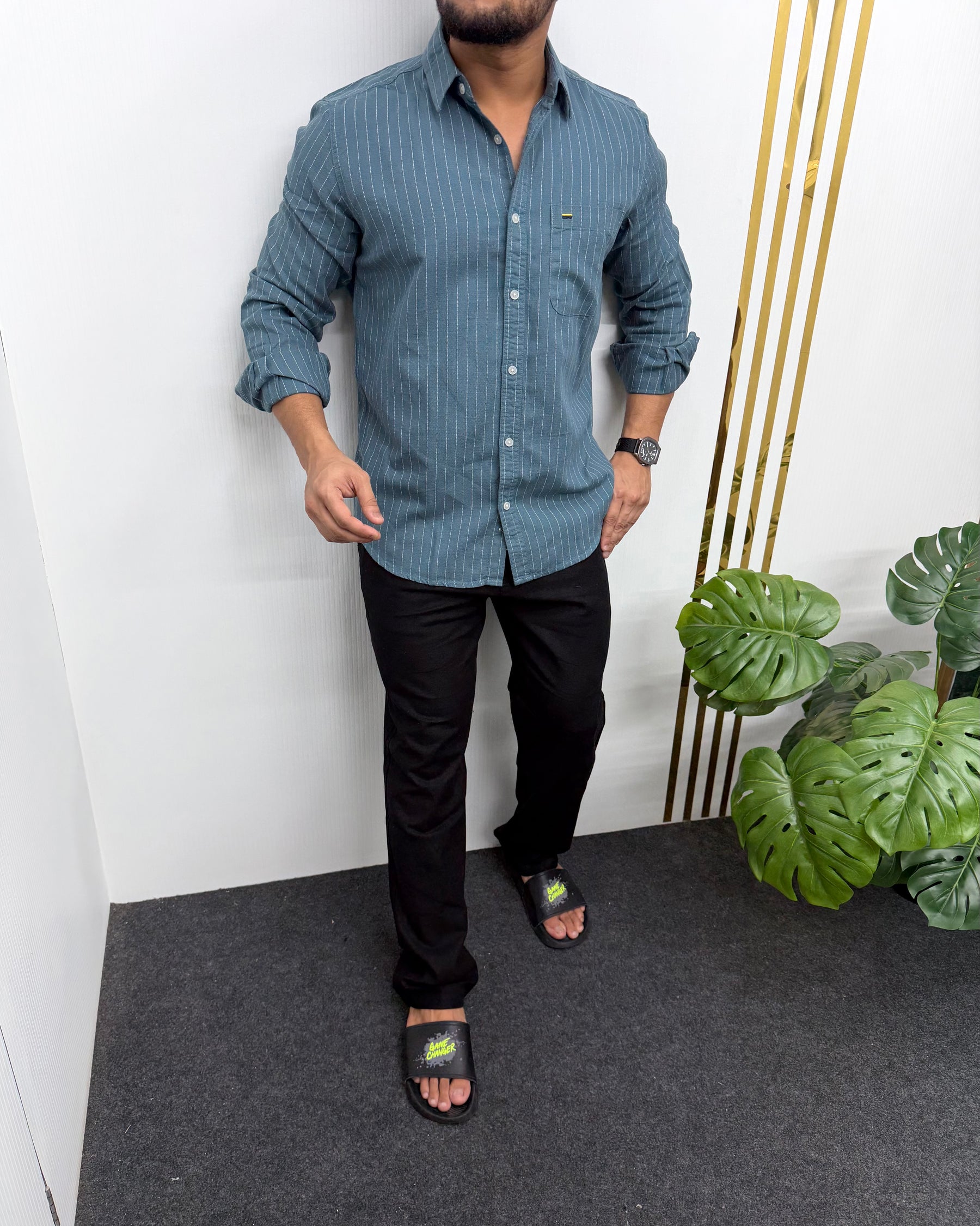 Steel Blue Viscose Fabric Striped Shirt