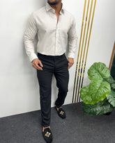 Beige Oxford Very Premium Fine Cotton Fabric Vertical Striped Shirt