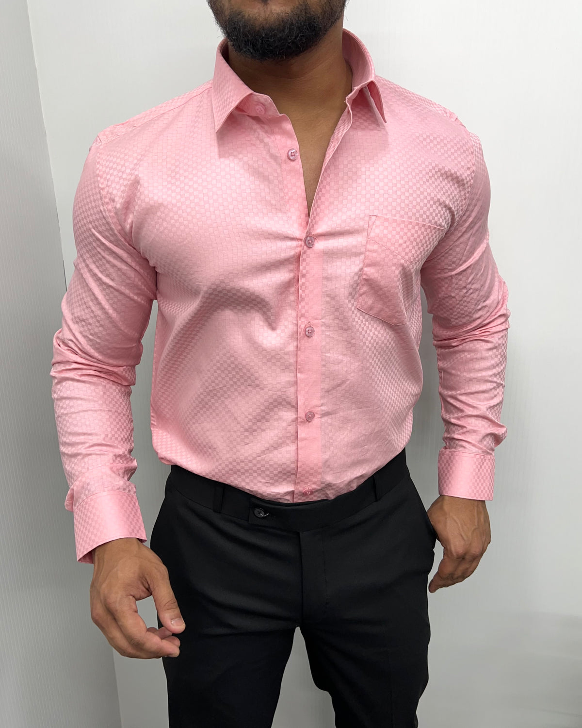 Pink Cotton Self Checks Shirt