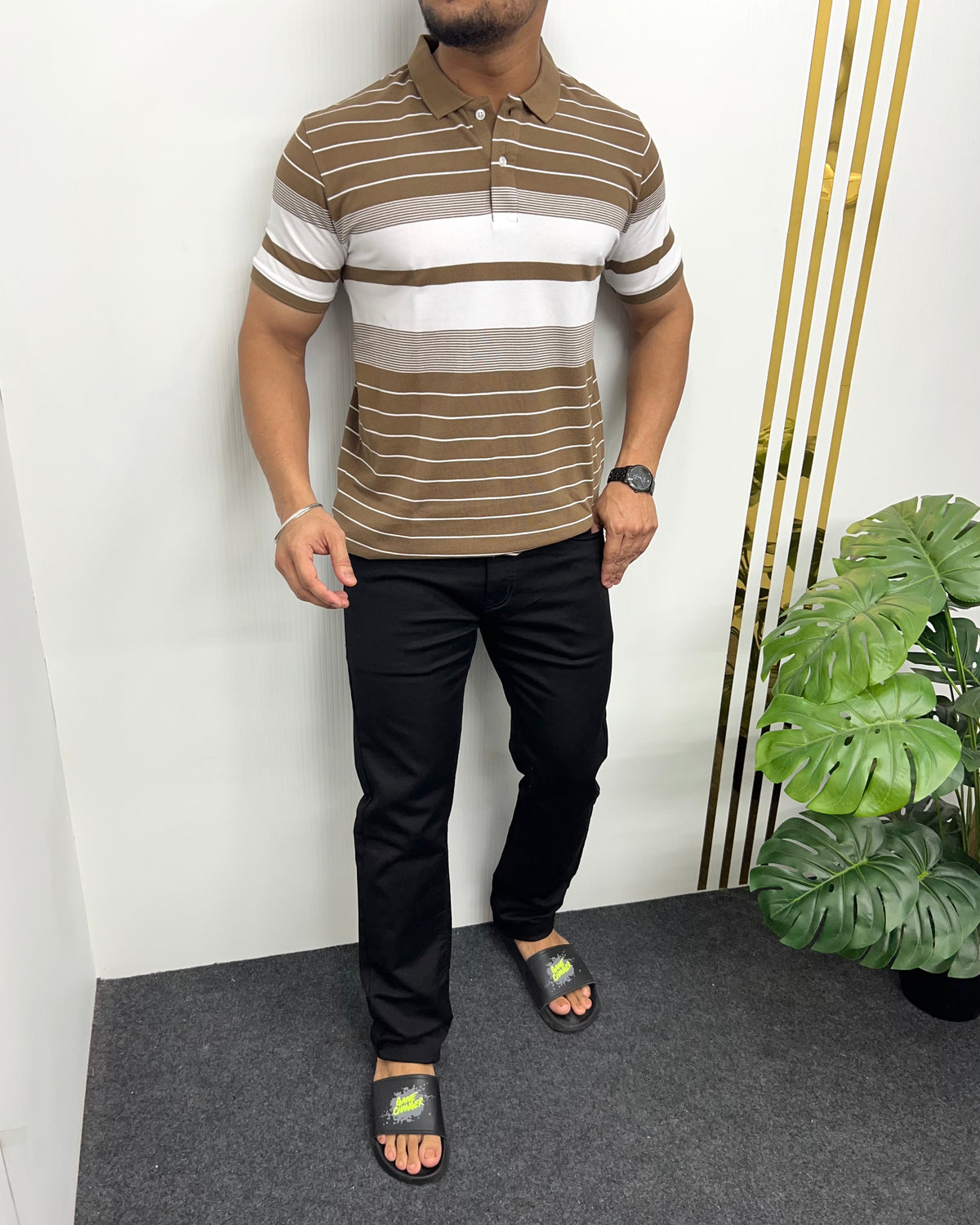 Khaki Collar Matty Striped T-Shirt