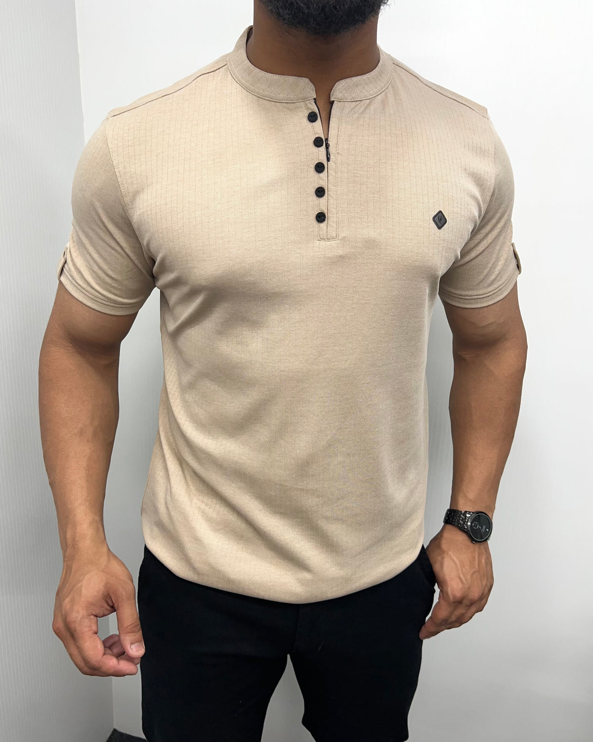 Beige Imported Self Striped Round Neck T-Shirt