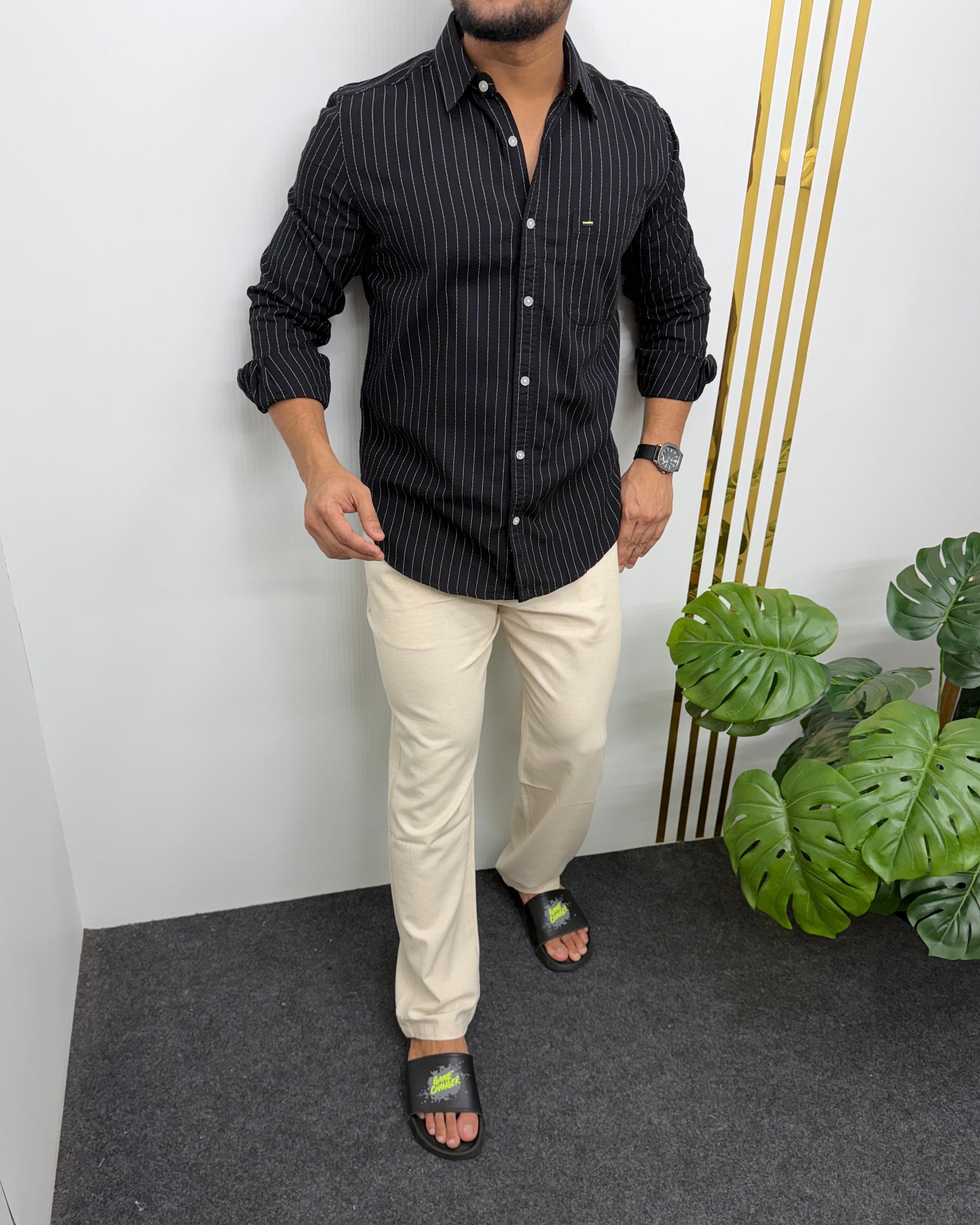 Black Viscose Fabric Striped Shirt