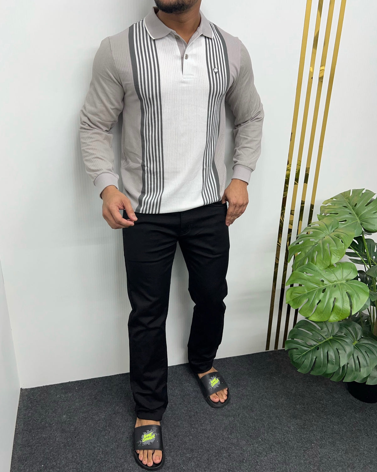 Light Gray Striped Full Sleeve T-Shirt