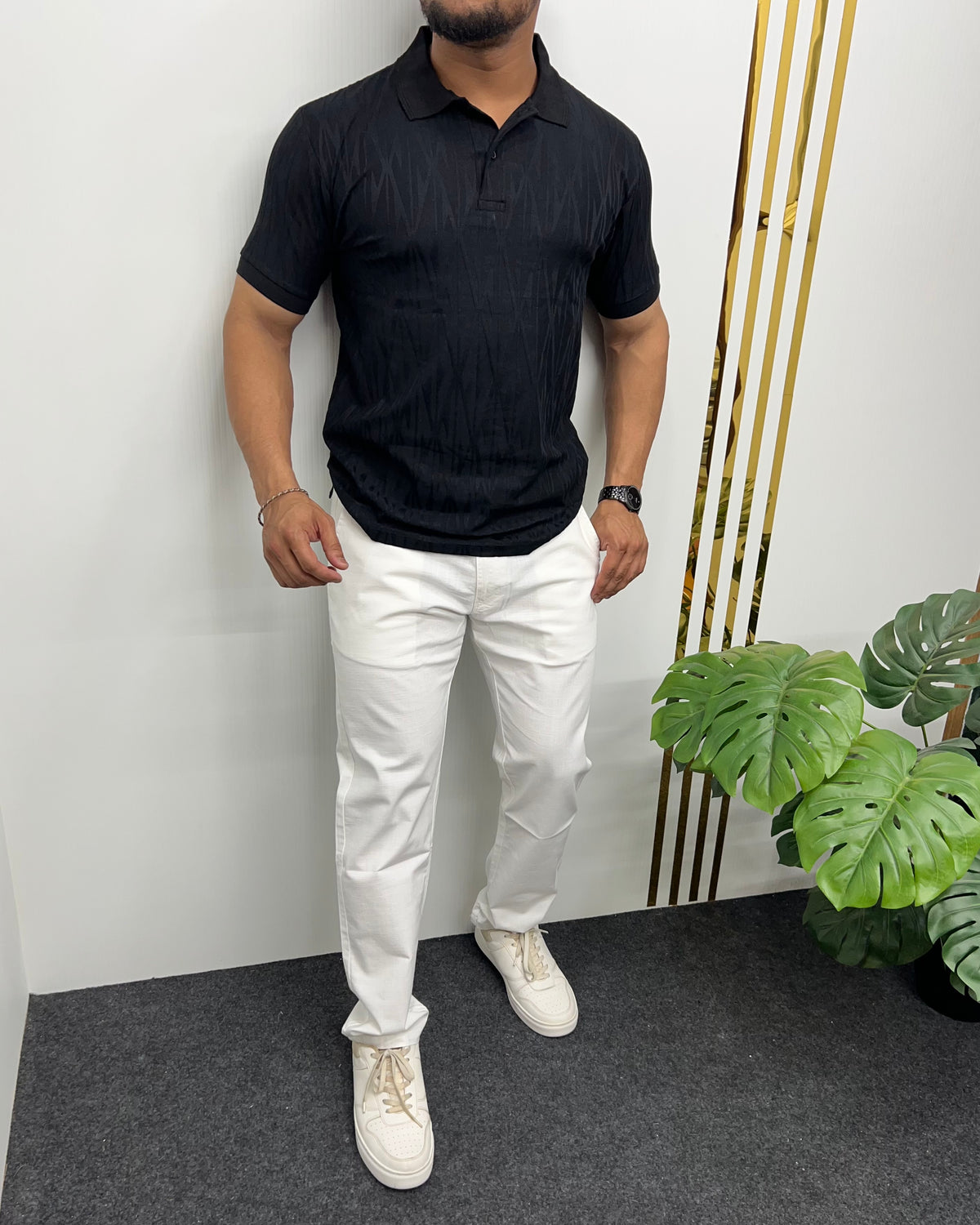 Black imported jacquard Collar T-Shirt