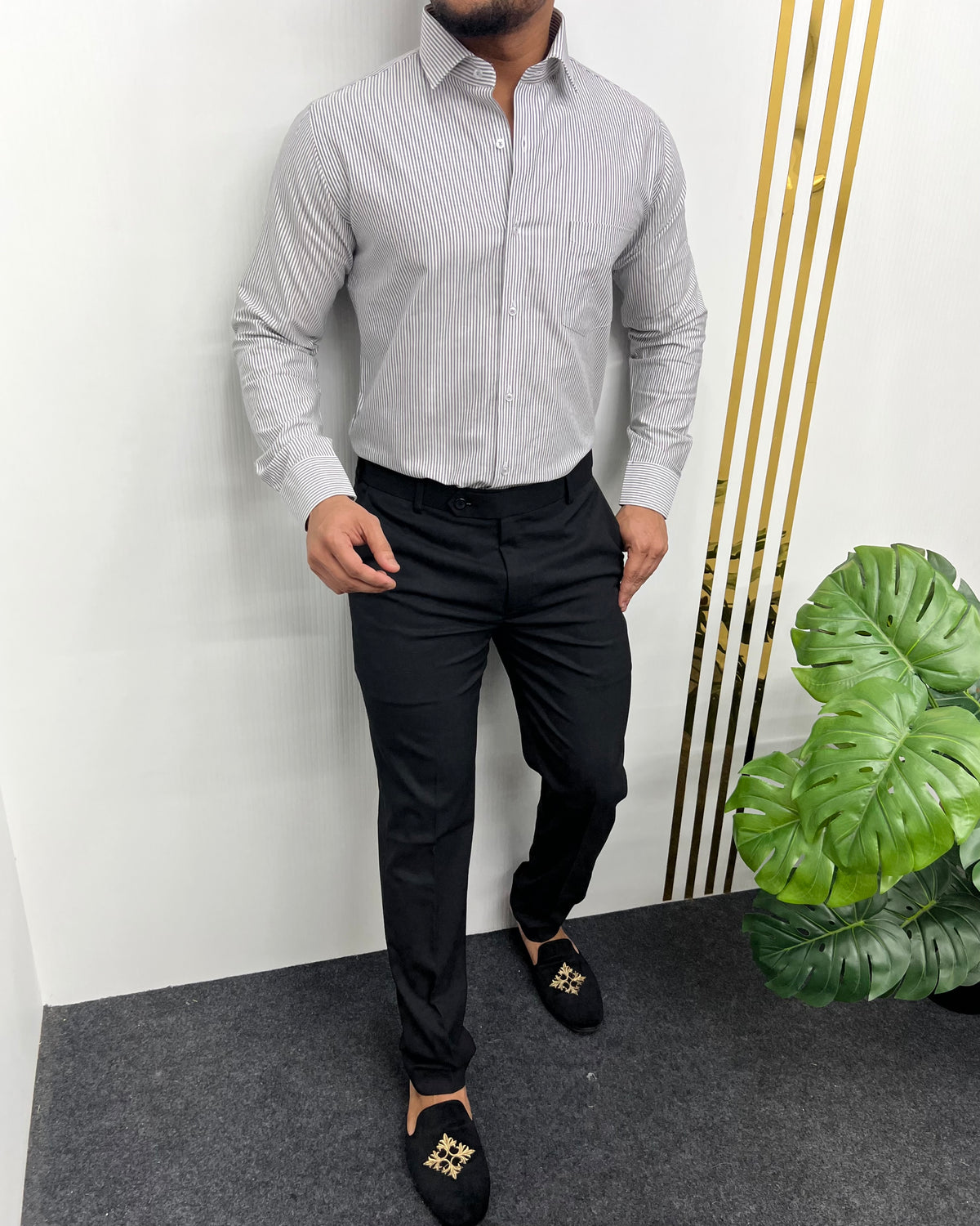 Gray Oxford Very Premium Fine Cotton Fabric Vertical Striped Shirt