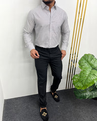 Gray Oxford Very Premium Fine Cotton Fabric Vertical Striped Shirt