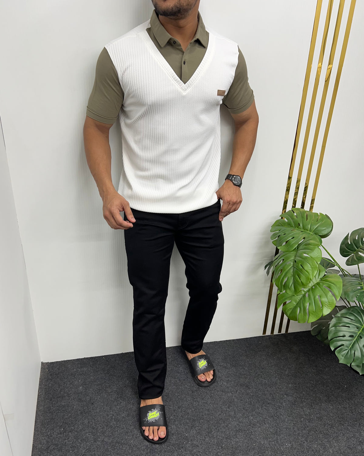 White & Olive Plaid T-Shirt