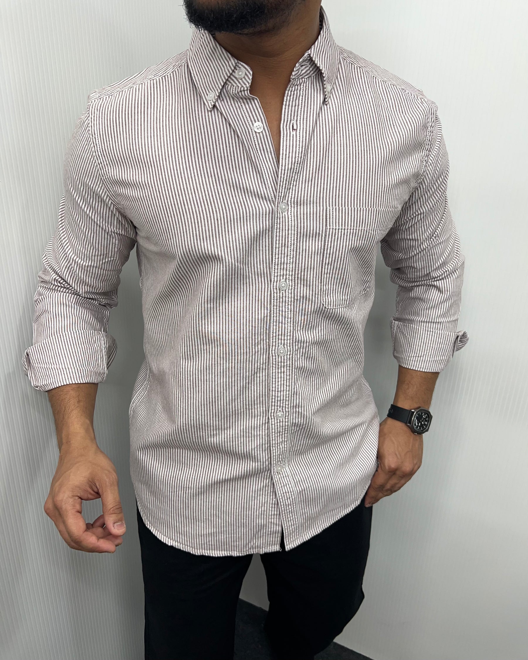 Brown Cotton Oxford Striped Shirt
