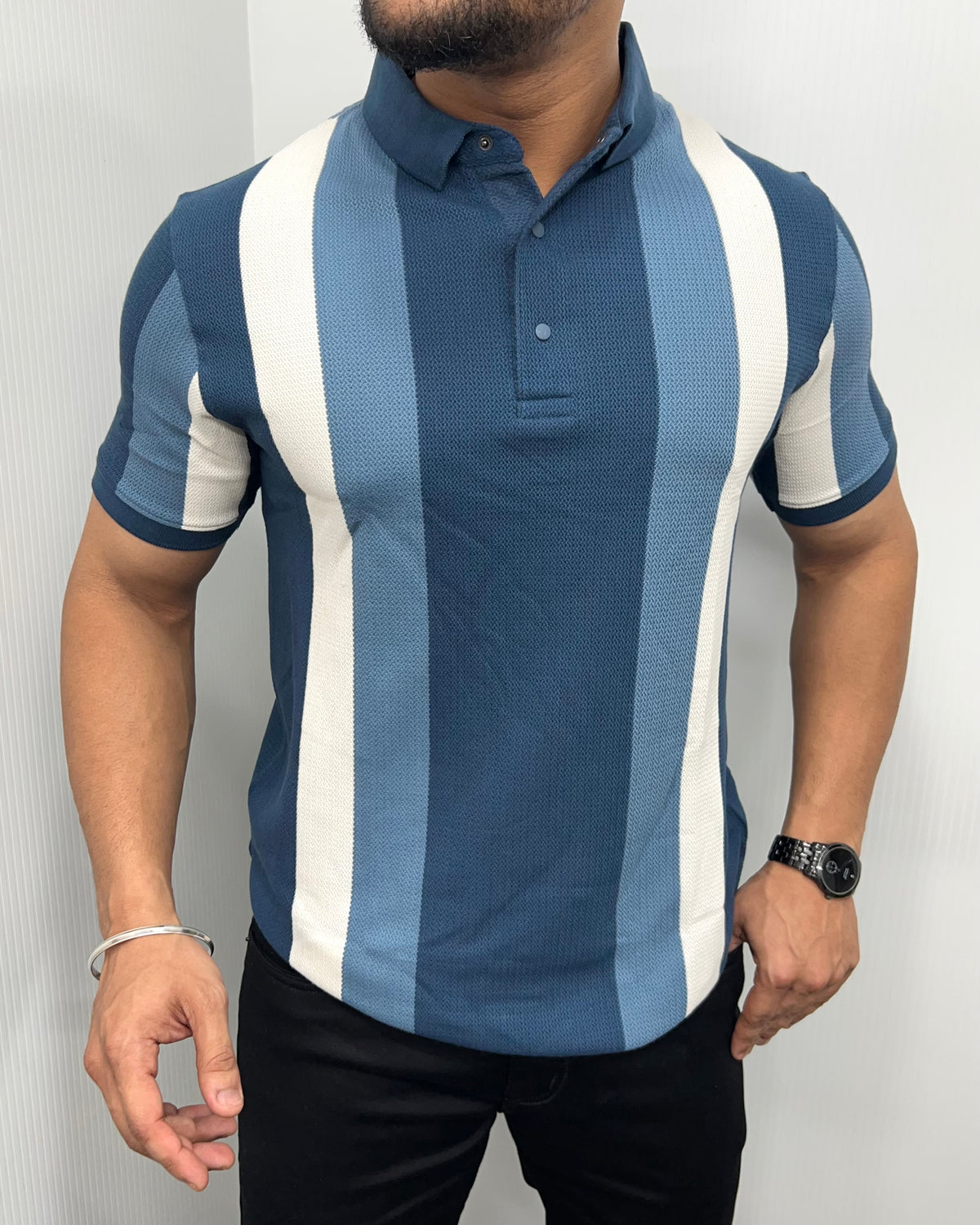 Blue Matty Structure Striped T-Shirt