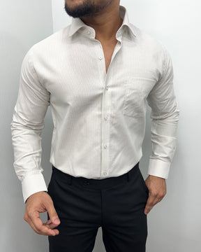 Beige Oxford Very Premium Fine Cotton Fabric Vertical Striped Shirt