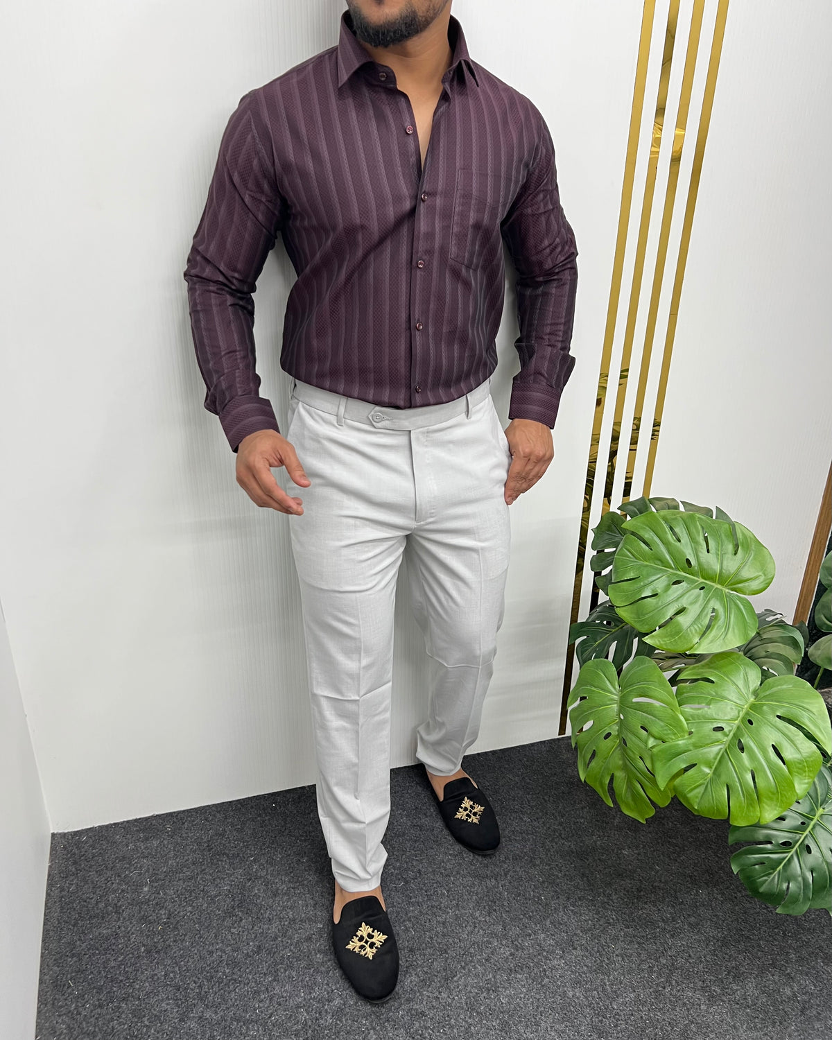 Maroon Self Jacquard Striped Premium Giza Cotton Shirt