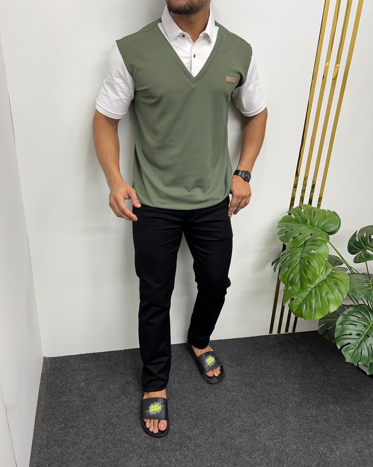Olive & White Plaid T-Shirt