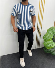 Blue Imported Vertical Striped Round Neck T-Shirt