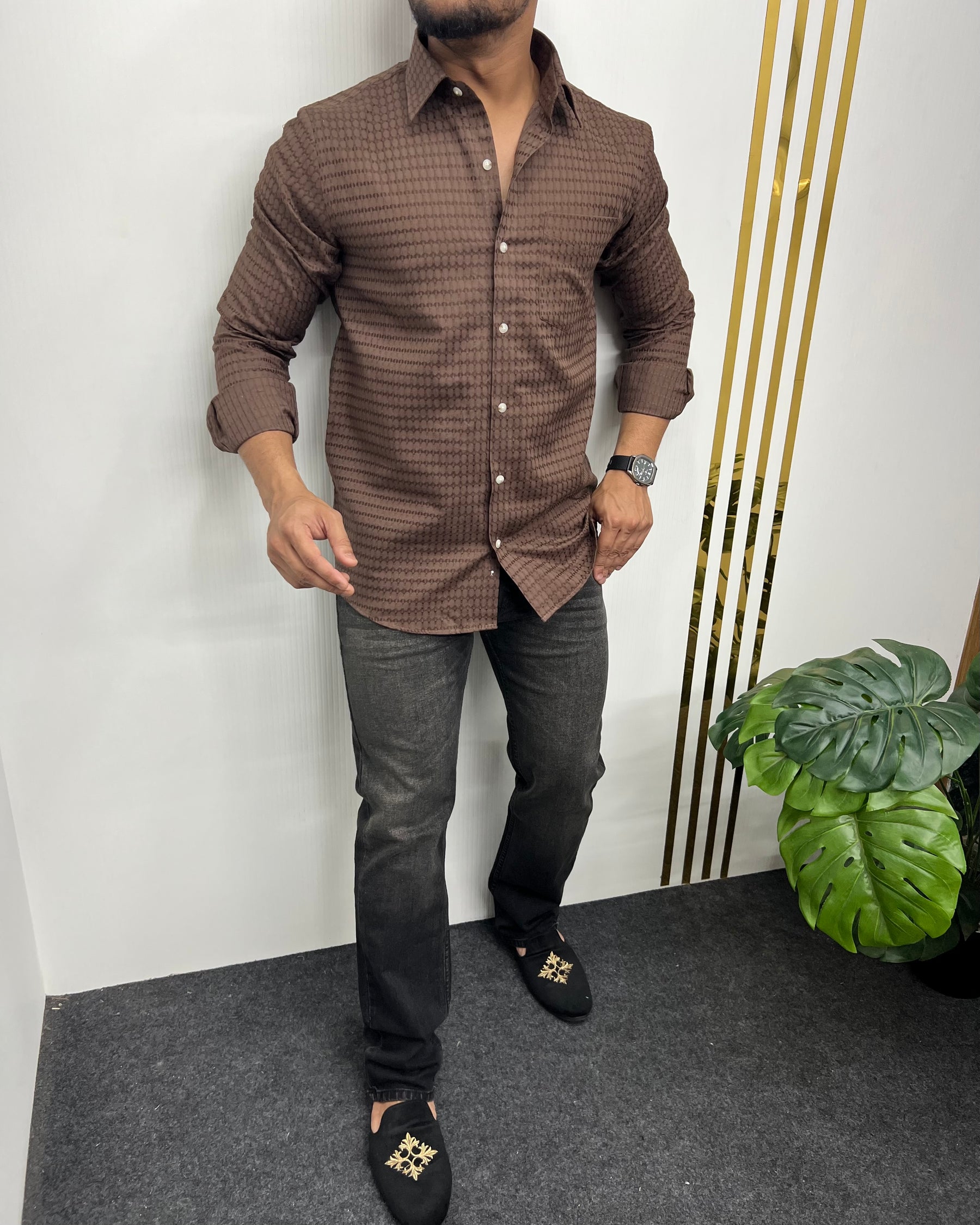 Brown Self Embroidery Shirt