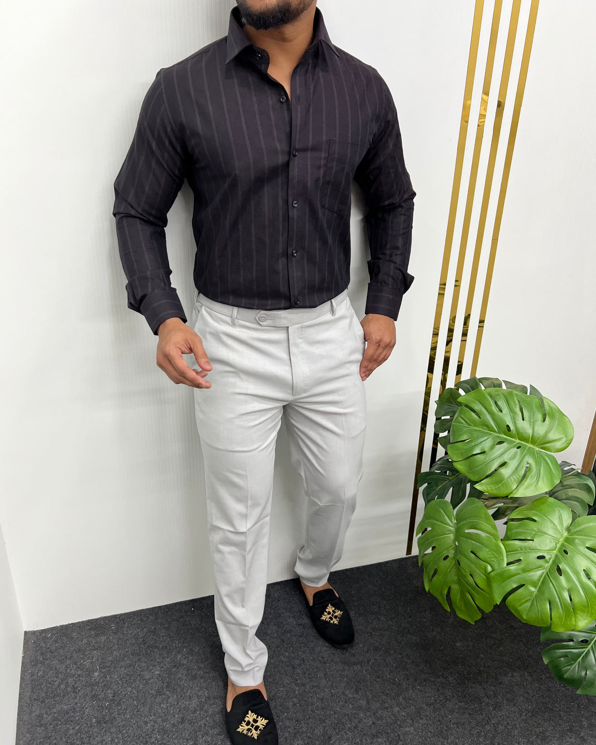 Brown Self Striped Premium Giza Cotton Shirt