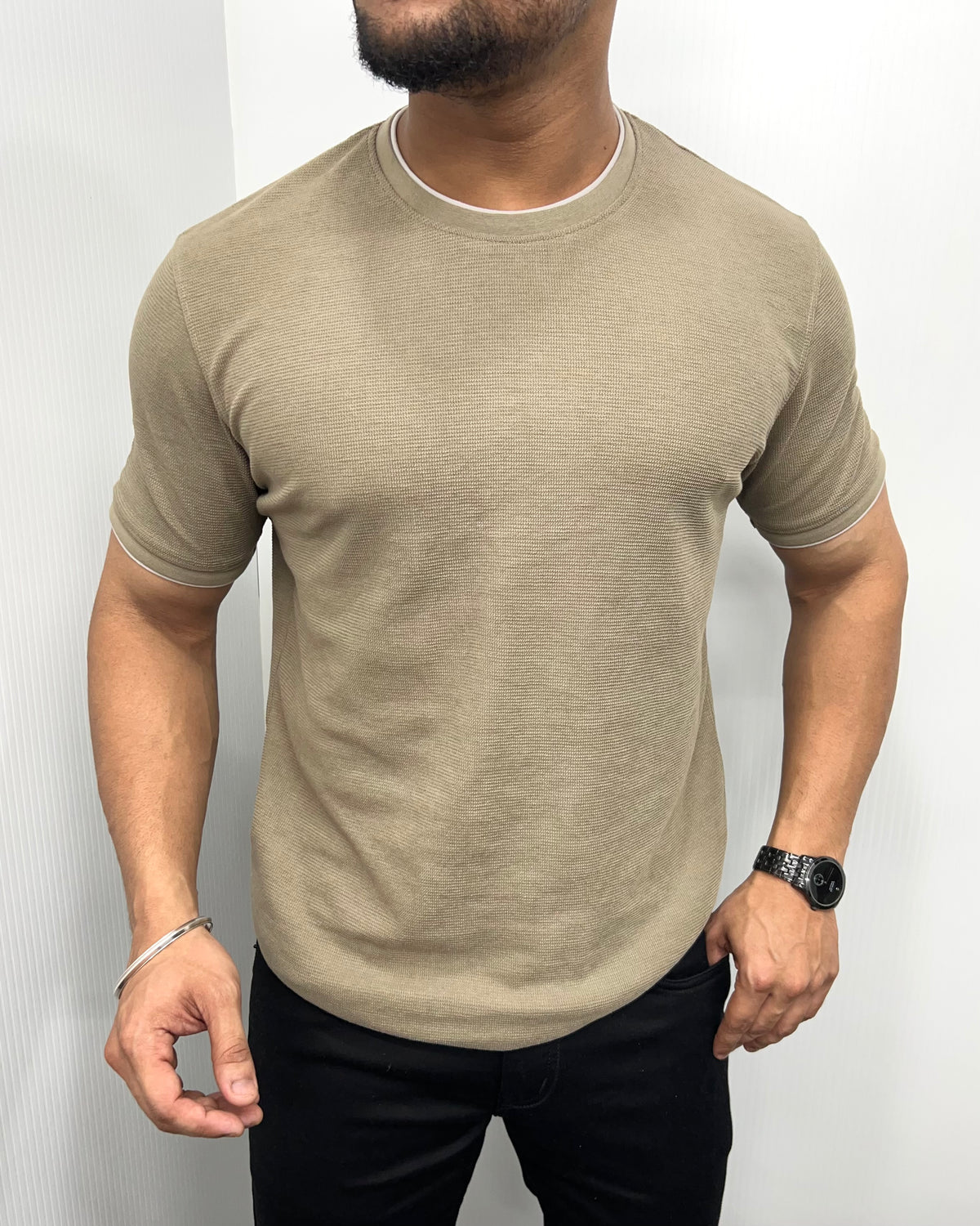 Khaki Plain Half Sleeve Knit T-Shirt