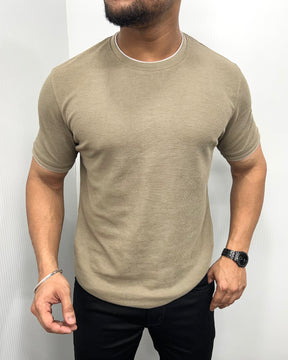 Khaki Plain Half Sleeve Knit T-Shirt