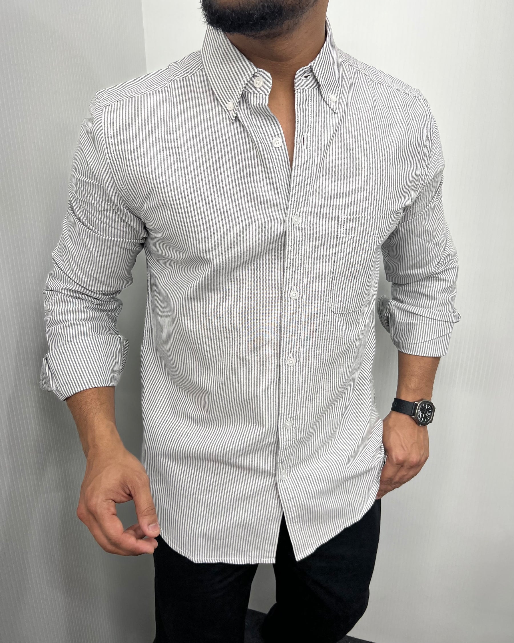 Gray Cotton Oxford Striped Shirt