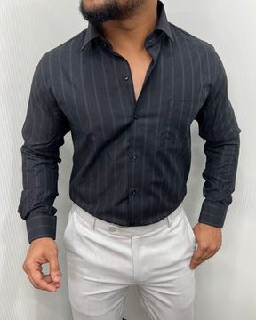 Black Self Striped Premium Giza Cotton Shirt