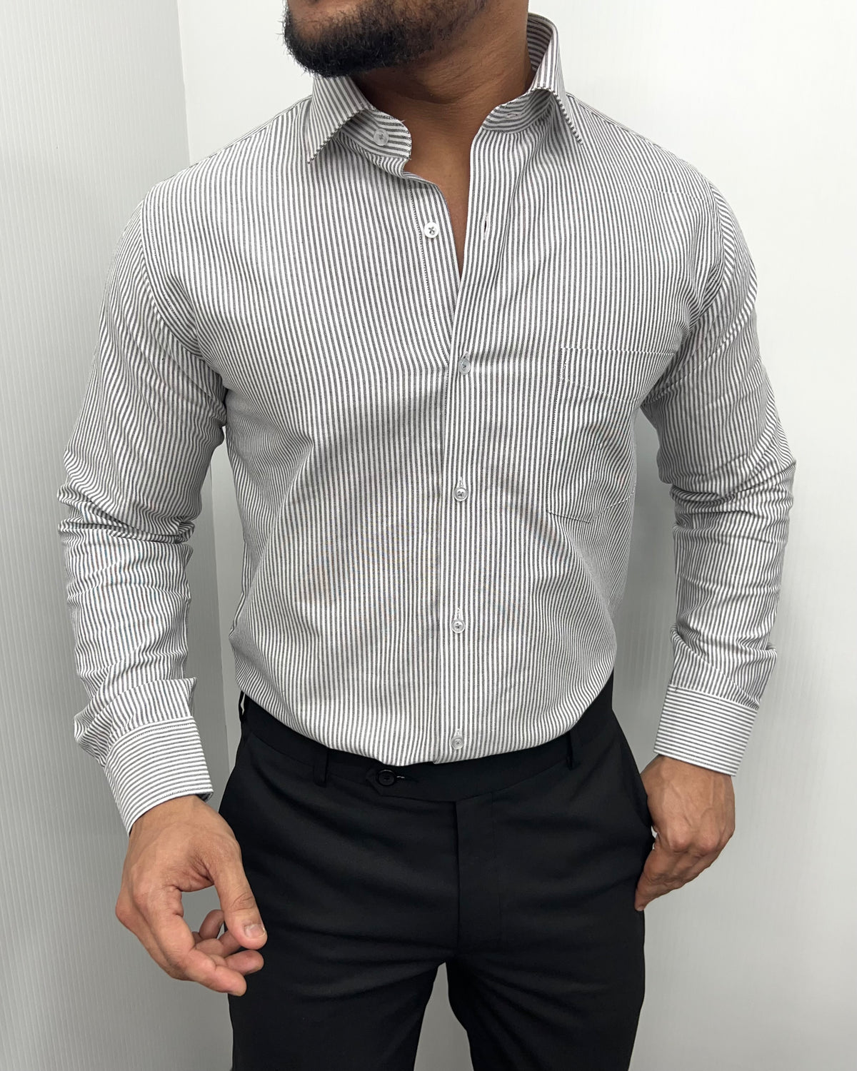 Gray Oxford Very Premium Fine Cotton Fabric Vertical Striped Shirt