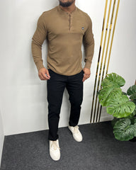 Brown Premium Cotton Waffle Henley Neck Full Sleeve T-Shirt