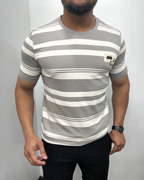 Gray Cotton Striped Round Neck T-Shirt