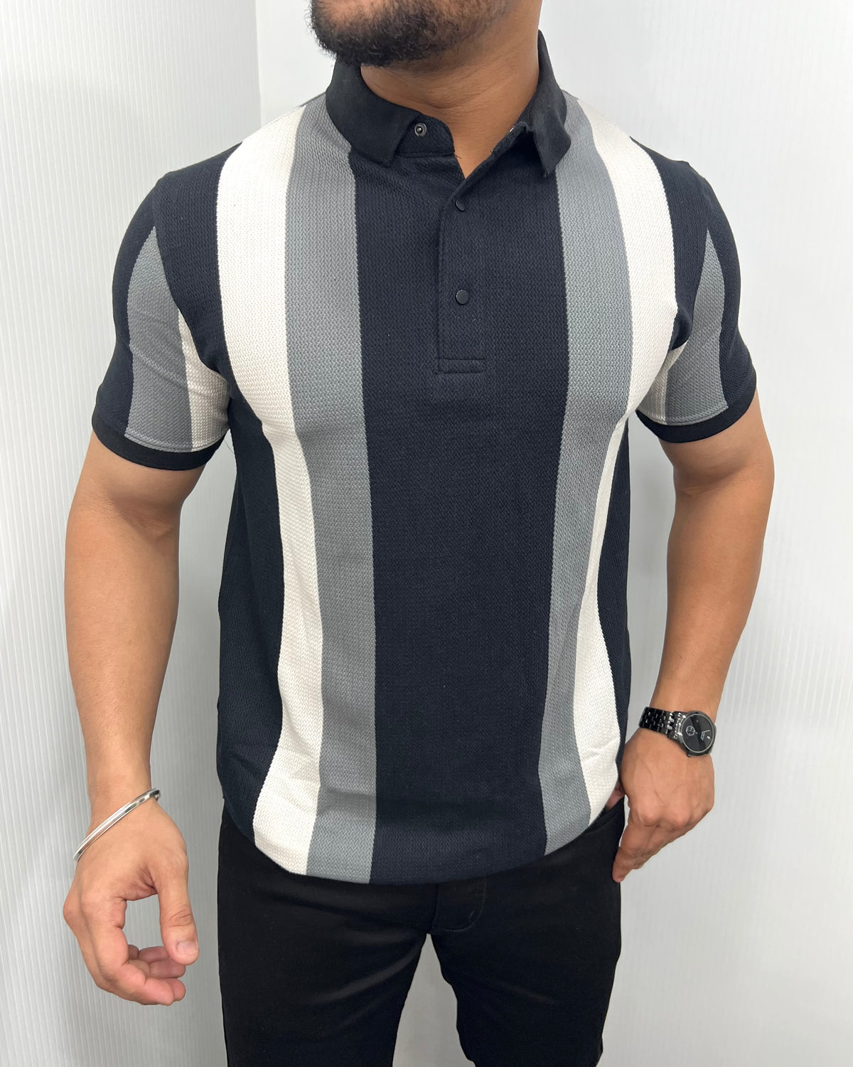 Black Matty Structure Striped T-Shirt