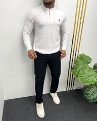 White Premium Cotton Waffle Henley Neck Full Sleeve T-Shirt